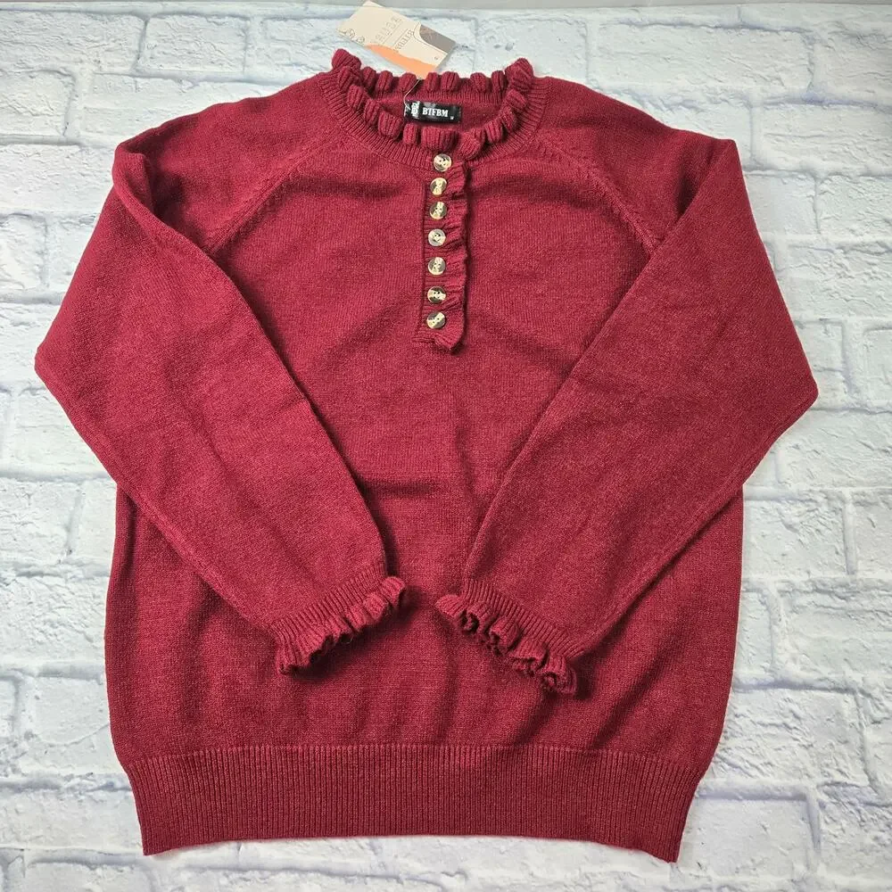 Demure BTFBM Cranberry Holiday Henley High Neck Pullover Sweater Ruffles Buttons